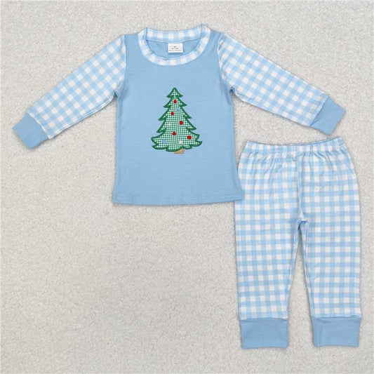 BLP0749Light blue plaid Christmas tree kids boys Christmas pajamas