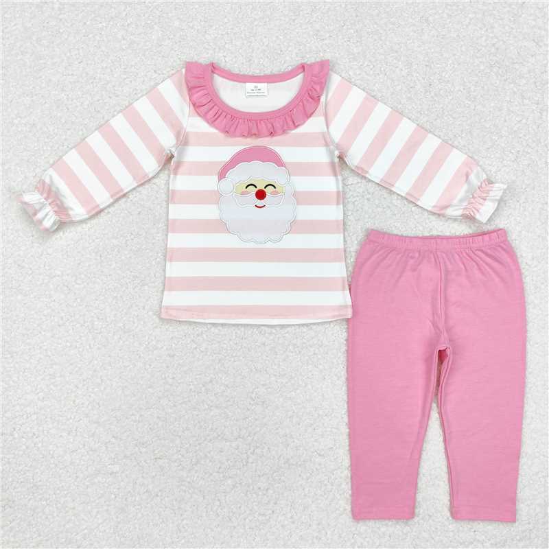GLP1739 Embroidered Santa Claus lace pink and white striped long-sleeved trousers pajama set