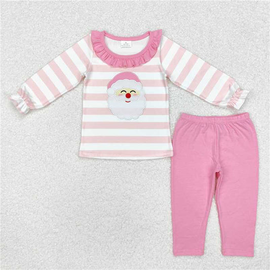 GLP1739 Embroidered Santa Claus lace pink and white striped long-sleeved trousers pajama set