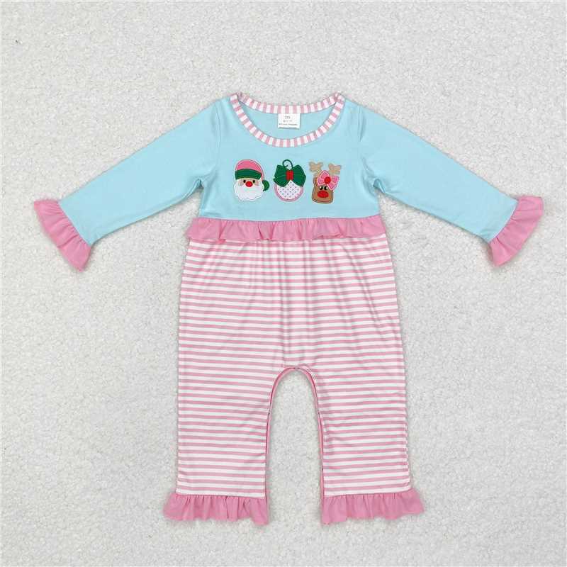 LR1476Santa deer long sleeves pink stripe baby Christmas romper