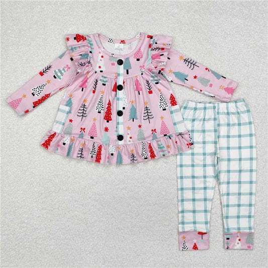 12.6 RTS NO MOQ （In stock）GLP1998 Baby Girls Christmas Pink Trees Pocket Tunic Top Legging Clothes Sets