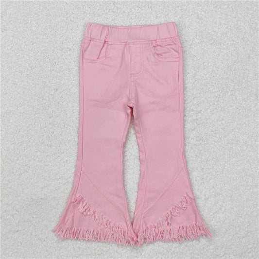 P0463 ） Baby Girls Elastic Pink Fringe Ruffle Denim Jeans