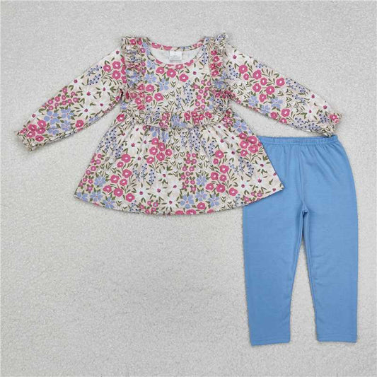 GLP1926Long sleeves ruffle floral tunic leggings girls clothing set
