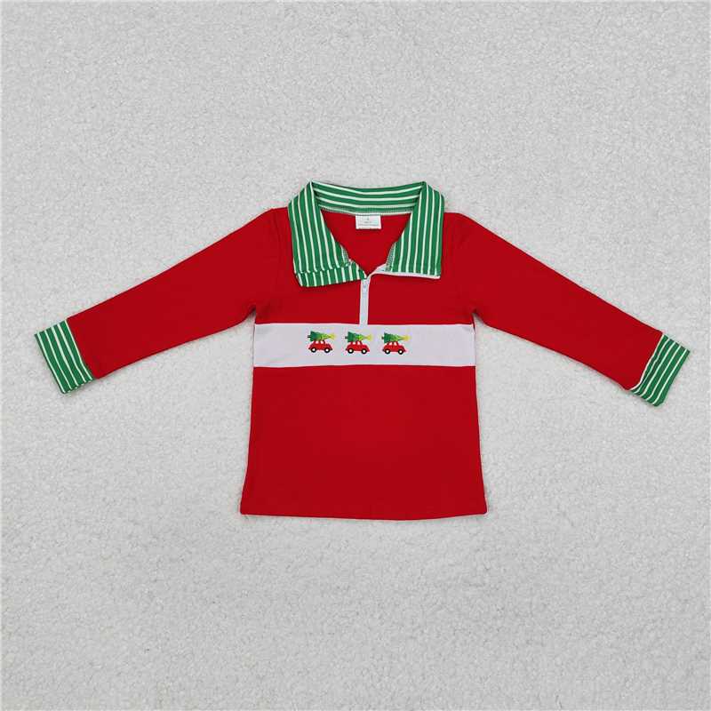 12.12 RTS NO MOQ （In stock）BT0930 Baby Boys Red Christmas Tree Cars Zip Long Sleeve Pullovers Tops