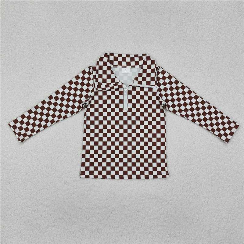 GT0793  Baby Boys Brown Checkered Zip Pullovers Tops