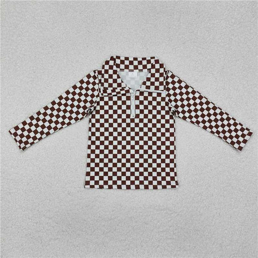 GT0793  Baby Boys Brown Checkered Zip Pullovers Tops