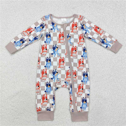 12.30 RTS NO MOQ （In stock）Matching LR1990 Baby Infant Dogs Checkered Zip Rompers