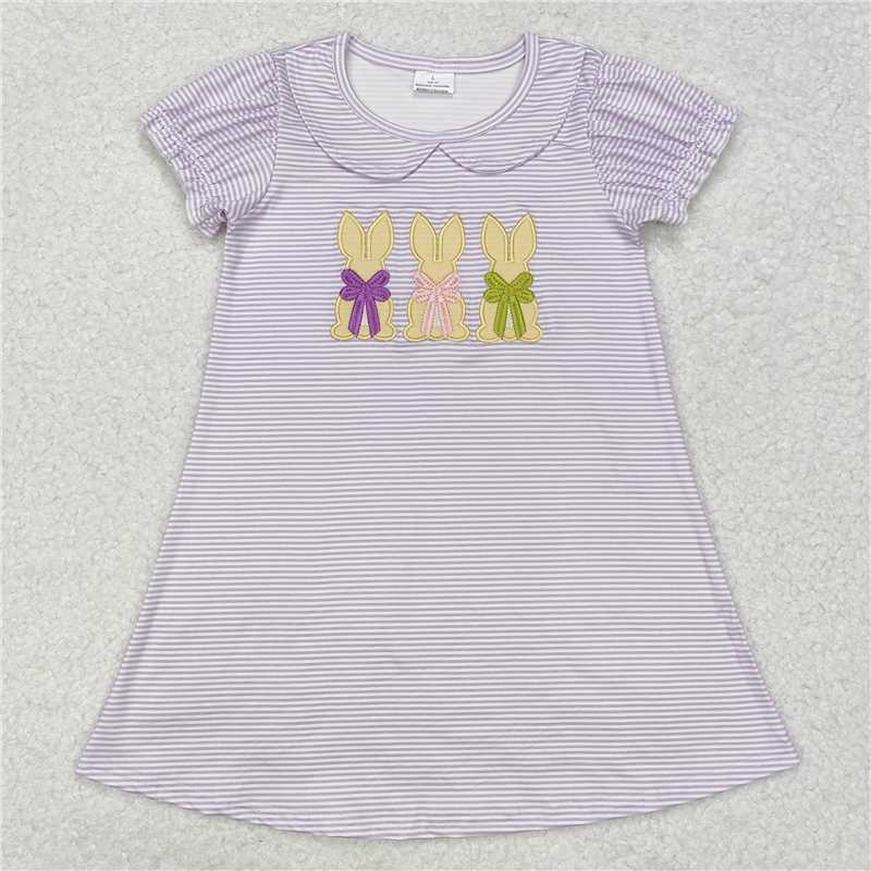 GSD1470  Embroidery  Sibling Baby Girls Lavender Stripes Bunny Rompers Dresses
