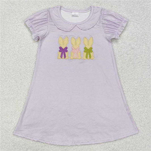 GSD1470  Embroidery  Sibling Baby Girls Lavender Stripes Bunny Rompers Dresses