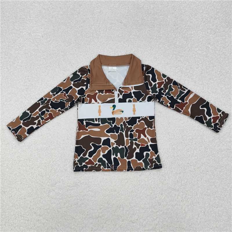 BT10903 	Baby Boys Brown Camo Duck Call Zip Pullovers Tops