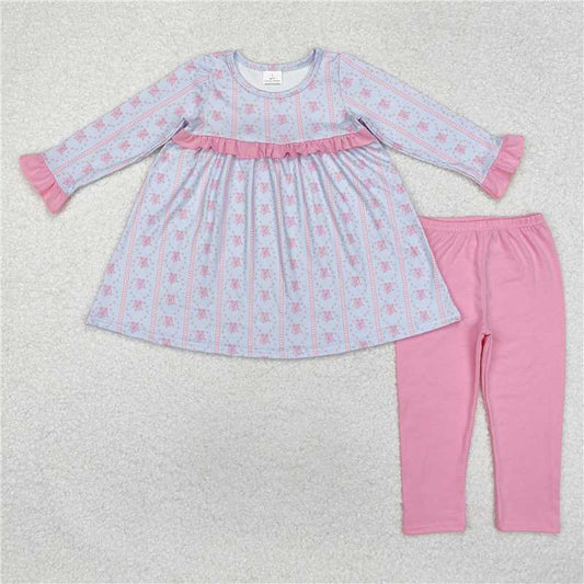 GLP2145Pink bow long sleeves tunic leggings girls clothing set
