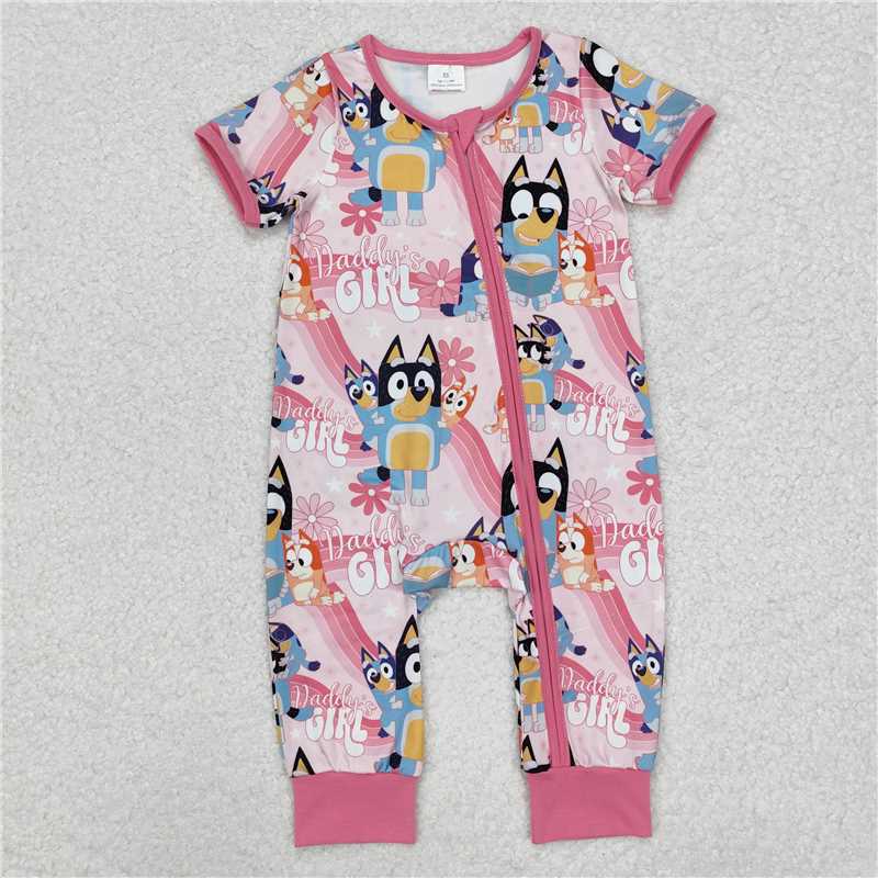 SR2105  Baby Infant Girls Daddy's Girl Dogs Pink Zip Rompers