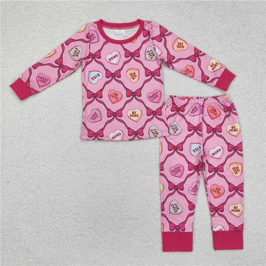 11.28 RTS NO MOQ （In stock）Matching Valentines GLP2252 Baby Girls Valentines xoxo Hearts Bows Top Pants Pajamas Clothes Sets