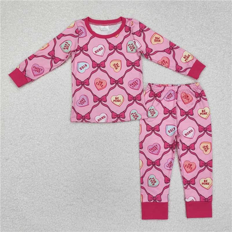 11.6 RTS NO MOQ （In stock）Matching Valentine GLP2252 Baby Girls Valentines xoxo Hearts Bows Top Pants Pajamas Clothes Sets
