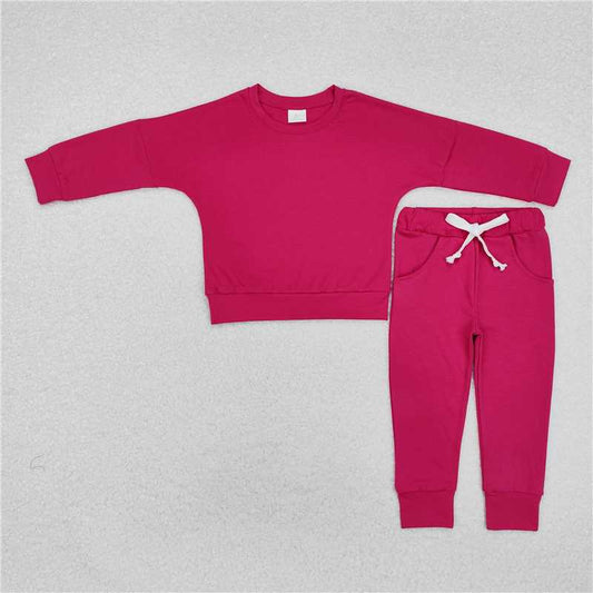 GLP2248Long sleeves dark pink cotton top pockets pants girls clothes