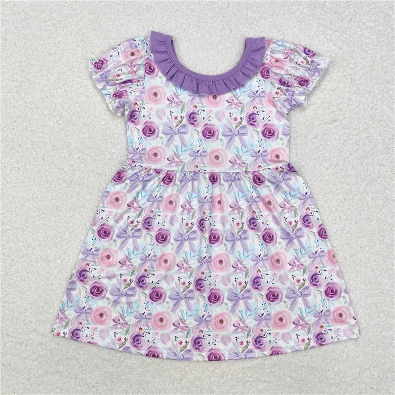GSD1516  Baby Girls Purple Flowers Bows Knee Length Dresses