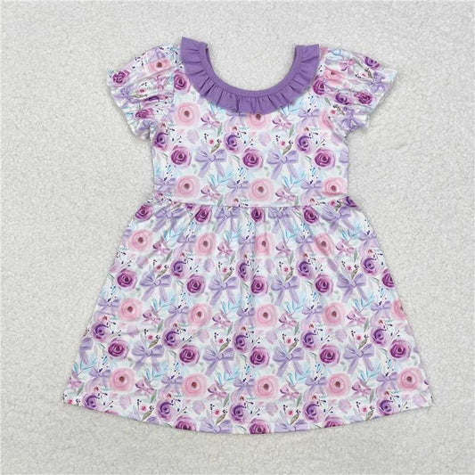 GSD1516  Baby Girls Purple Flowers Bows Knee Length Dresses
