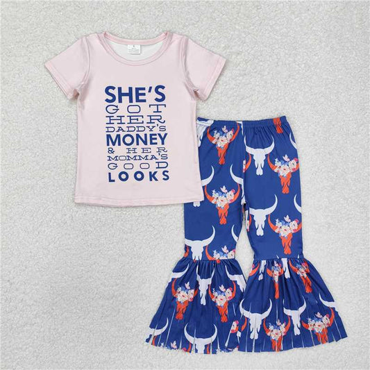GSPO1720  Short sleeves pink top bull skull tassels pants girls clothes