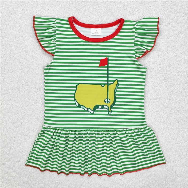 GT0771  Baby Girls Green Flutter Sleeves Golf Print Dress Top