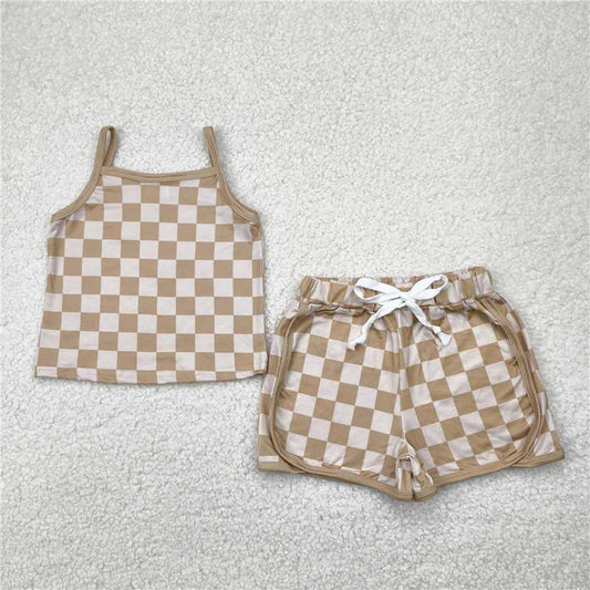 12.15 RTS NO MOQ （In stock）Matching GSSO2335 Baby Girls Brown Strap Plaid Top Shorts Sport Sets