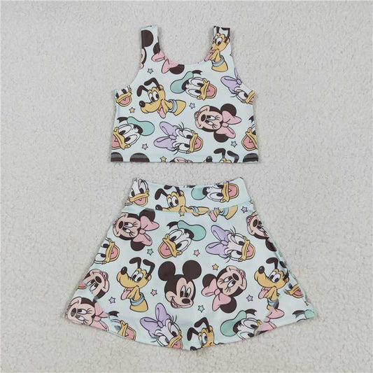 12.18 RTS NO MOQ （In stock）Matching GSD2353 Baby Girls Sleeveless Cartoon Mouse Ducks Top Skort Yoga Sets