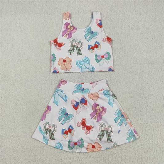 12.17 RTS NO MOQ （In stock）Matching GSD2046 Baby Girls Colorful Hero Bows Athletic Active Wear Top Shorts Skirts Clothes Sets