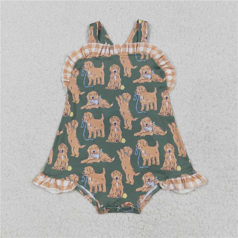 12.17 RTS NO MOQ （In stock）Matching SR2986 Baby Infant Girls Green Strap Dogs Ruffle Rompers