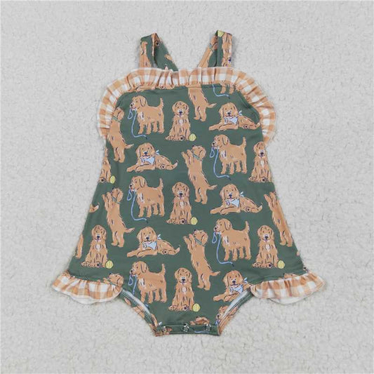 12.17 RTS NO MOQ （In stock）Matching SR2986 Baby Infant Girls Green Strap Dogs Ruffle Rompers