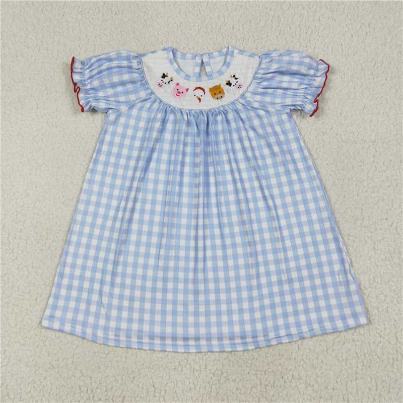 11.14 RTS NO MOQ （In stock）Matching GSD2275 Baby Girls Blue Plaid Short Sleeves Cows Pigs Farm Smocked Knee Length Dresses