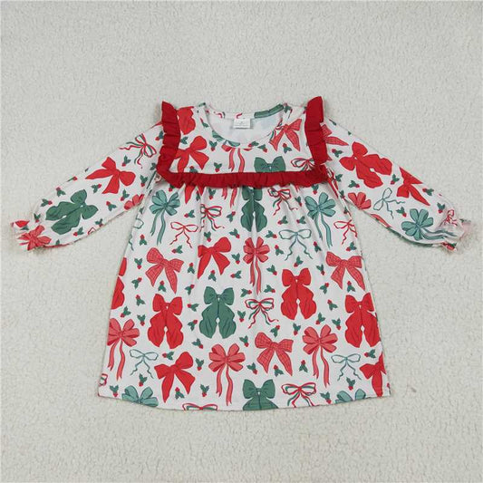 12.10 RTS NO MOQ （In stock）Matching Christmas GLD1046 Baby Girls Christmas Red Green Bows Knee Length Dresses