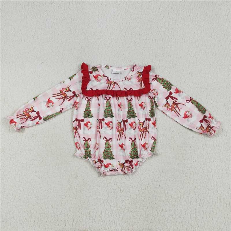 11.28 RTS NO MOQ （In stock）LR2274 Baby Girls Christmas Pink Plaid Santa Trees Ruffle Rompers