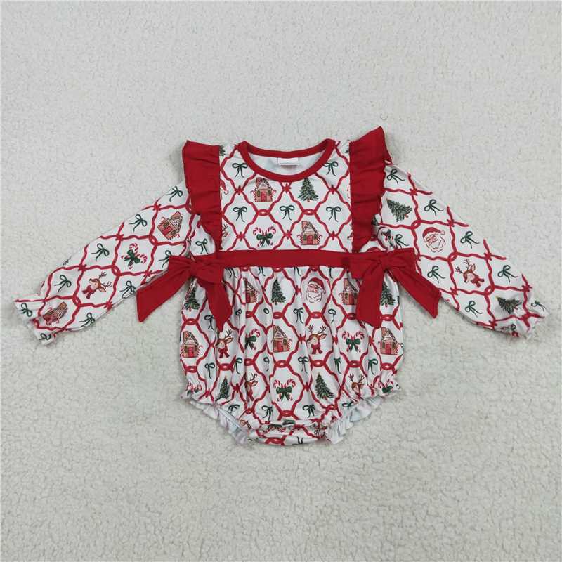 11.27 RTS NO MOQ （In stock）LR2352 Baby Girls Christmas Trees Bows Ruffle Rompers