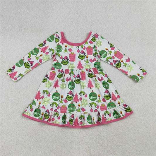 11.20 RTS NO MOQ （In stock）GLD1277 Baby Girls Green Face Gifts Christmas Ruffle Knee Length Dresses