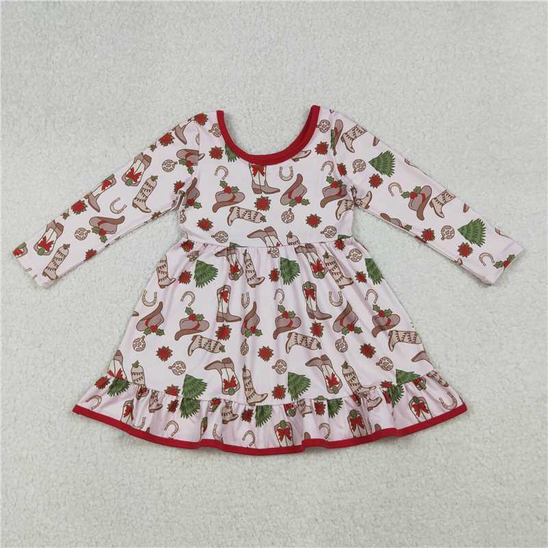 11.11 RTS NO MOQ （In stock）Matching Christmas GLD1274 Baby Girls Boots Holly Christmas Ruffle Knee Length Dresses