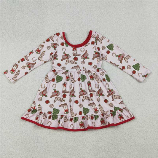 11.11 RTS NO MOQ （In stock）Matching Christmas GLD1274 Baby Girls Boots Holly Christmas Ruffle Knee Length Dresses