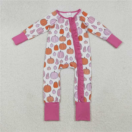 10.27 RTS NO MOQ （In stock）Matching LR2566 Baby Girls Colorful Pumpkins Fall Ruffle Zipper Footie Rompers