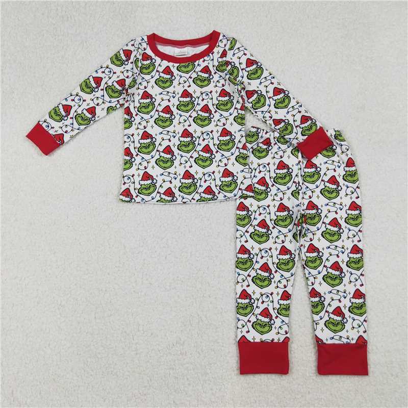 10.28 RTS NO MOQ （In stock）Matching Christmas BLP1225 Baby Boys Christmas Lights Green Faces Top Pant Pajamas Sets