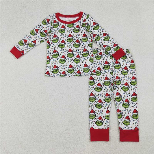 10.28 RTS NO MOQ （In stock）Matching Christmas BLP1225 Baby Boys Christmas Lights Green Faces Top Pant Pajamas Sets