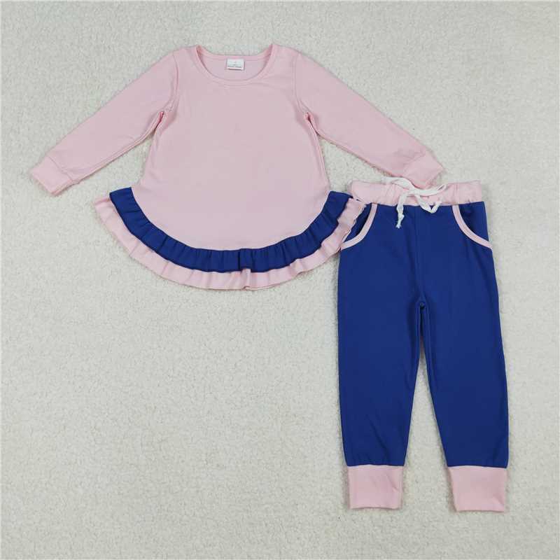 11.24 RTS NO MOQ （In stock）Matching GLP2401 Baby Girls Light Pink Ruffle Shirts Top Pockets Legging Pants Sets
