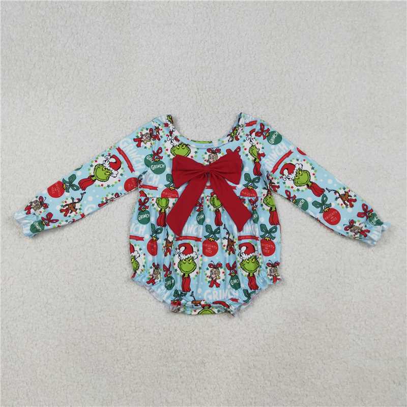 11.29 RTS NO MOQ （In stock）Matching Christmas LR2575 Baby Girls Christmas Green Face Holly Ruffle Rompers