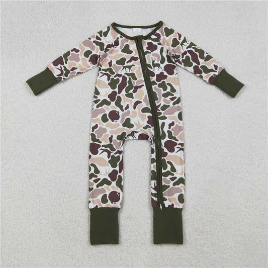 10.30 RTS NO MOQ （In stock）Matching LR2590 Baby Boys Deer Ducks Dogs Camo Southern Zipper Footie Rompers