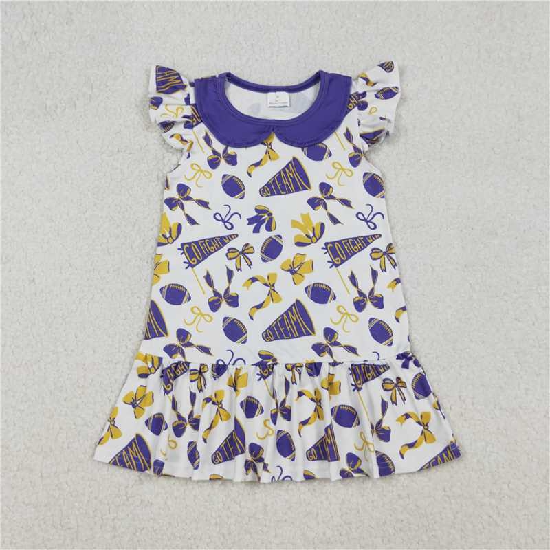 11.20 RTS NO MOQ （In stock）Matching GSD2784 Baby Girls Flutter Sleeves Purple Cheer Bows Team Knee Length Dresses