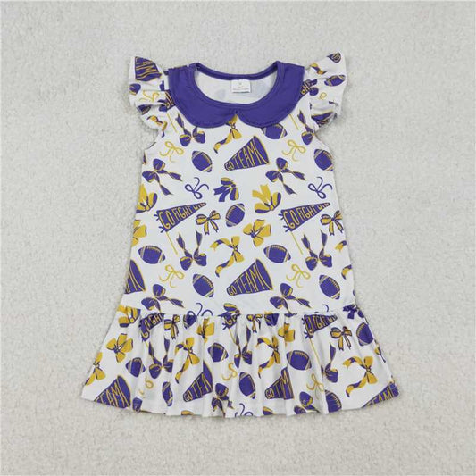 11.20 RTS NO MOQ （In stock）Matching GSD2784 Baby Girls Flutter Sleeves Purple Cheer Bows Team Knee Length Dresses