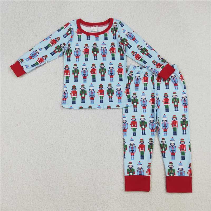 11.8 RTS NO MOQ （In stock）Matching Christmas BLP1242 Baby Boys Christmas Soldiers Blue Top Pants Pajamas Sets