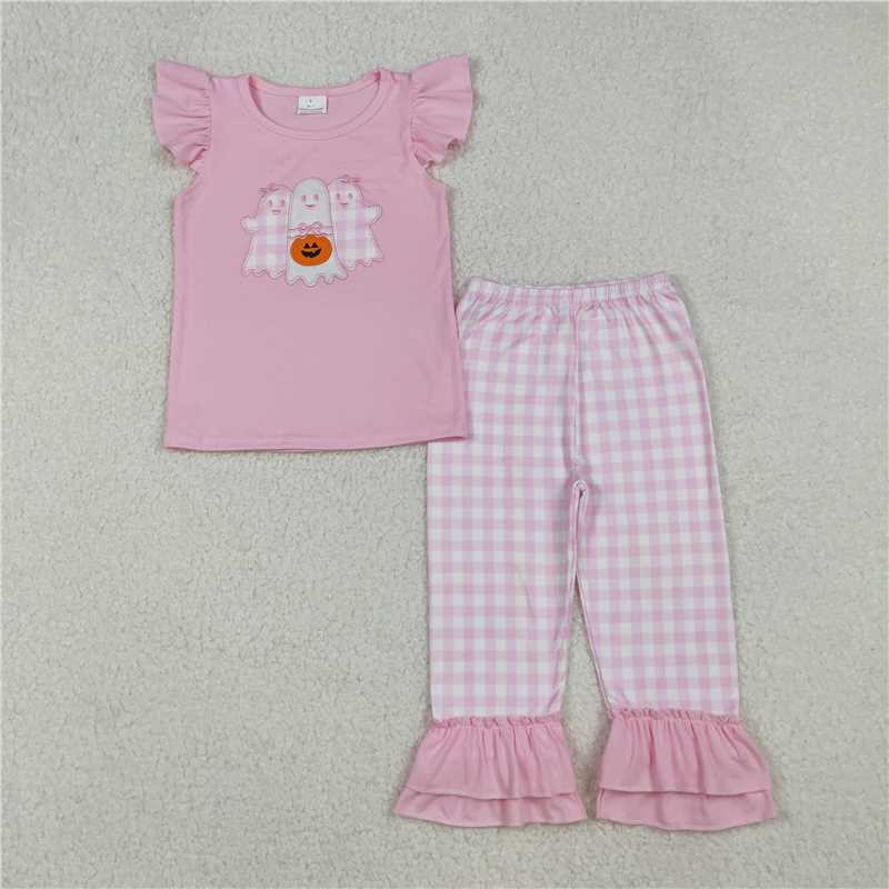 11.5 RTS NO MOQ （In stock）Matching Halloween GSPO2058 Embroidery Baby Girls Halloween Ghosts Pumpkins Top Pants Halloween Sets
