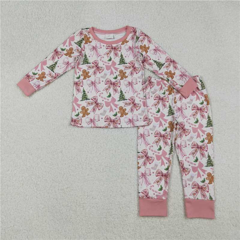 12.5 RTS NO MOQ （In stock）GLP2542 Baby Girls Pink Christmas Trees Gingerbread Top Pants Pajamas Sets