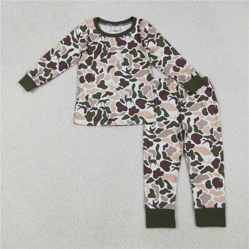 10.30 RTS NO MOQ （In stock）Matching BLP1234 Baby Boys Deer Ducks Dogs Camo Top Pants Hunting Pajamas Sets