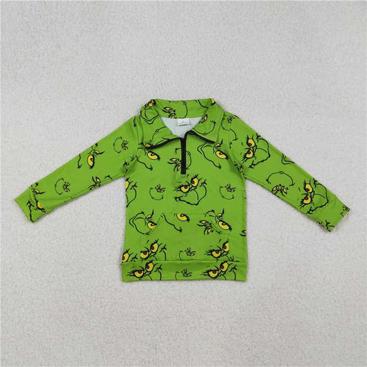 11.7 RTS NO MOQ （In stock）Matching Christmas GT1170 Baby Kids Green Face Pockets Zipper Christmas Pullovers Tops