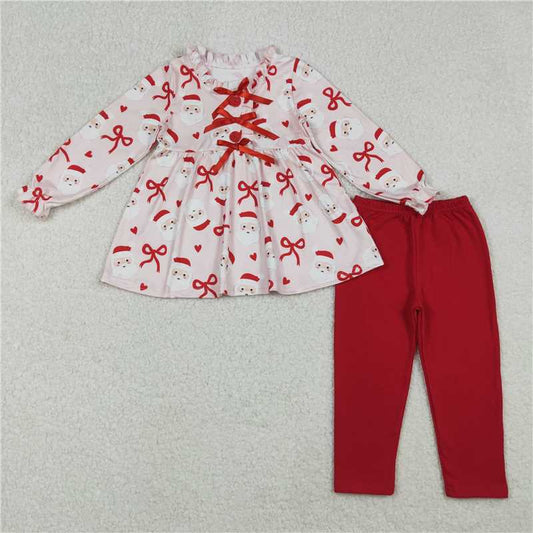 10.29 RTS NO MOQ （In stock）Matching Christmas GLP2642 Baby Girls Red Bows Santa Button Tunic Legging Pant Christmas Clothes Set
