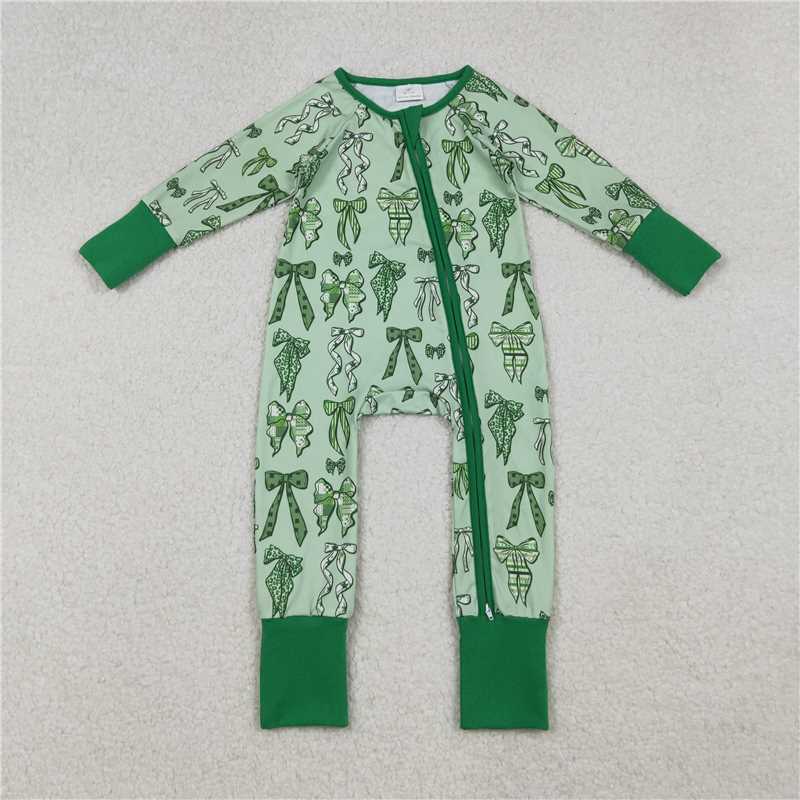 11.6 RTS NO MOQ （In stock）Matching LR2654 Baby Boys Green Clover Bows St Patrick Zipper Footie Rompers